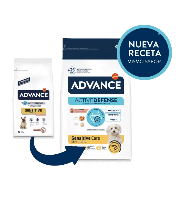 Saco de pienso ADVANCE Mini Sensitive con salmón y arroz para perros adultos de razas pequeñas.