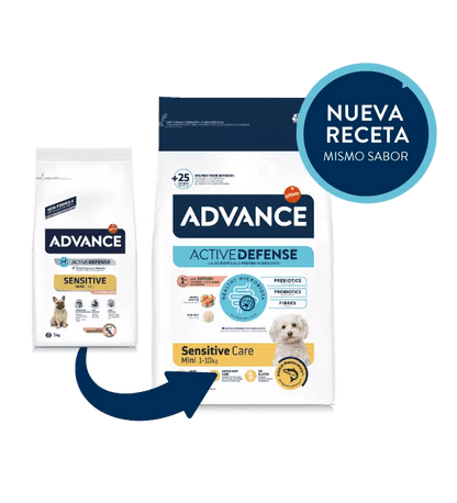Saco de pienso ADVANCE Mini Sensitive con salmón y arroz para perros adultos de razas pequeñas.