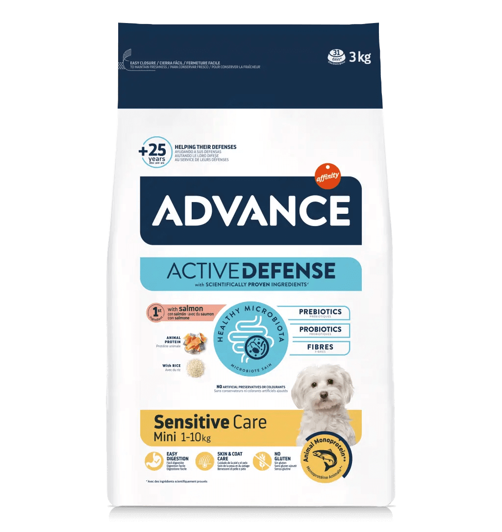 Saco de pienso ADVANCE Mini Sensitive con salmón y arroz para perros adultos de razas pequeñas.