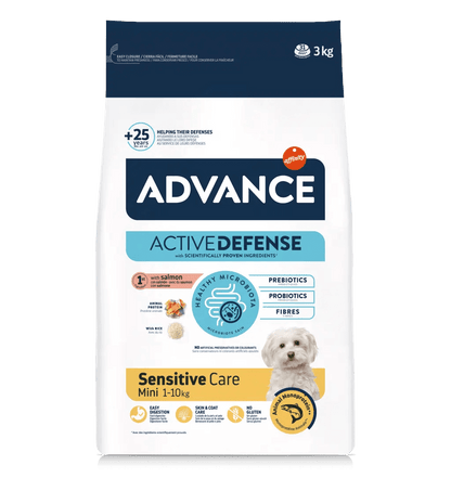 Saco de pienso ADVANCE Mini Sensitive con salmón y arroz para perros adultos de razas pequeñas.