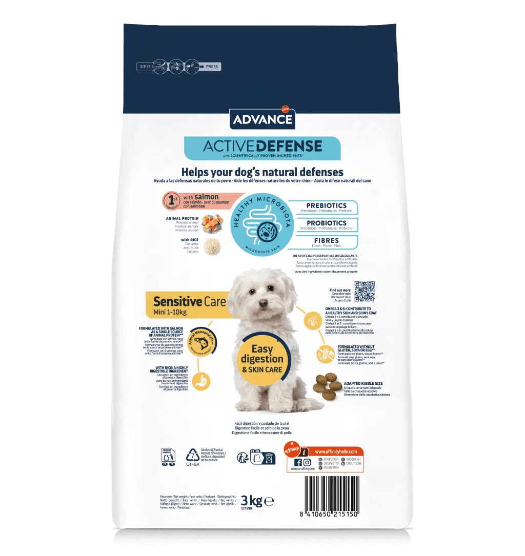 Saco de pienso ADVANCE Mini Sensitive con salmón y arroz para perros adultos de razas pequeñas.