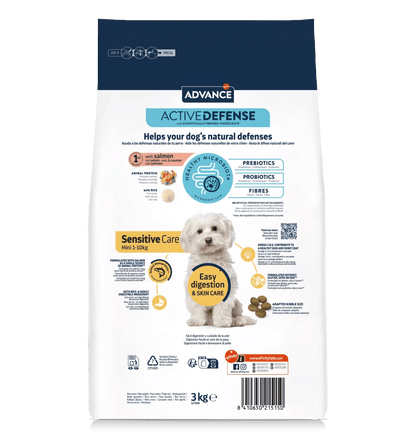 Saco de pienso ADVANCE Mini Sensitive con salmón y arroz para perros adultos de razas pequeñas.