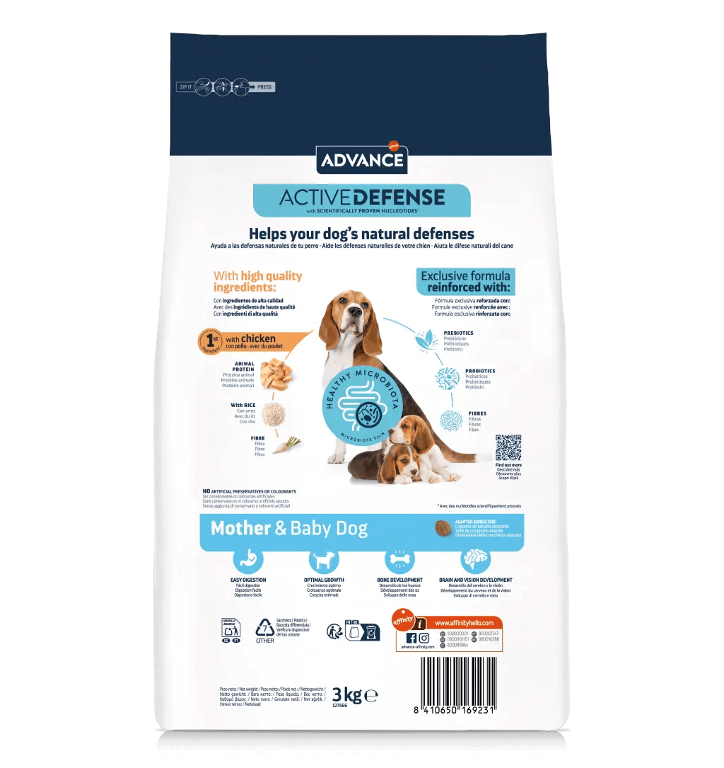 Saco de 3 kg de pienso ADVANCE Mother Dog & Initial para perras gestantes, lactantes y cachorros.