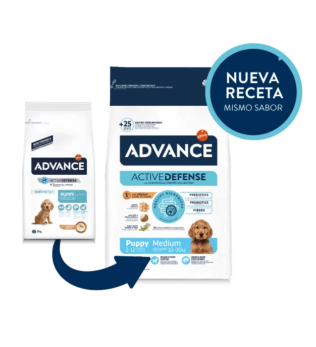 Saco de pienso ADVANCE Puppy Medium con pollo para cachorros de razas medianas.