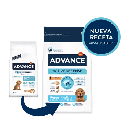 Saco de pienso ADVANCE Puppy Medium con pollo para cachorros de razas medianas.