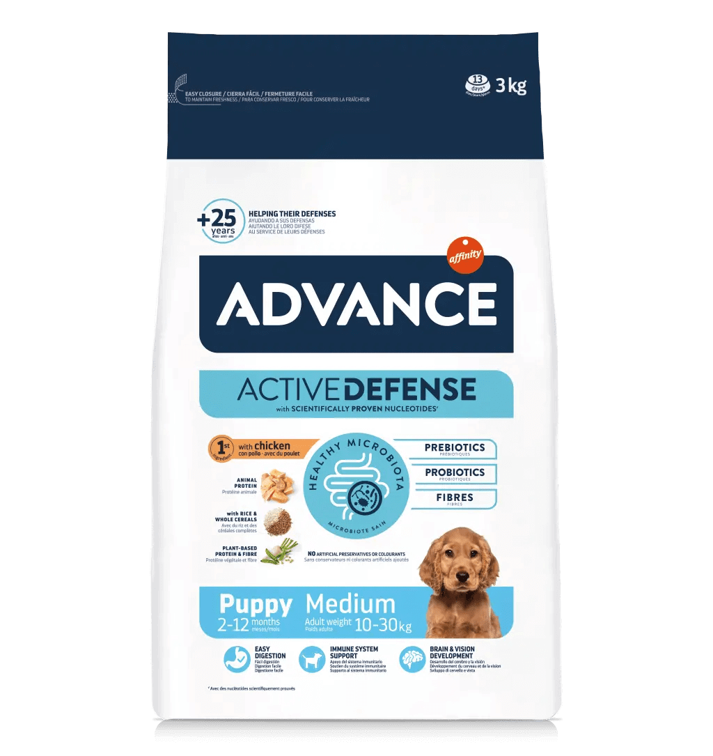 Saco de pienso ADVANCE Puppy Medium con pollo para cachorros de razas medianas.