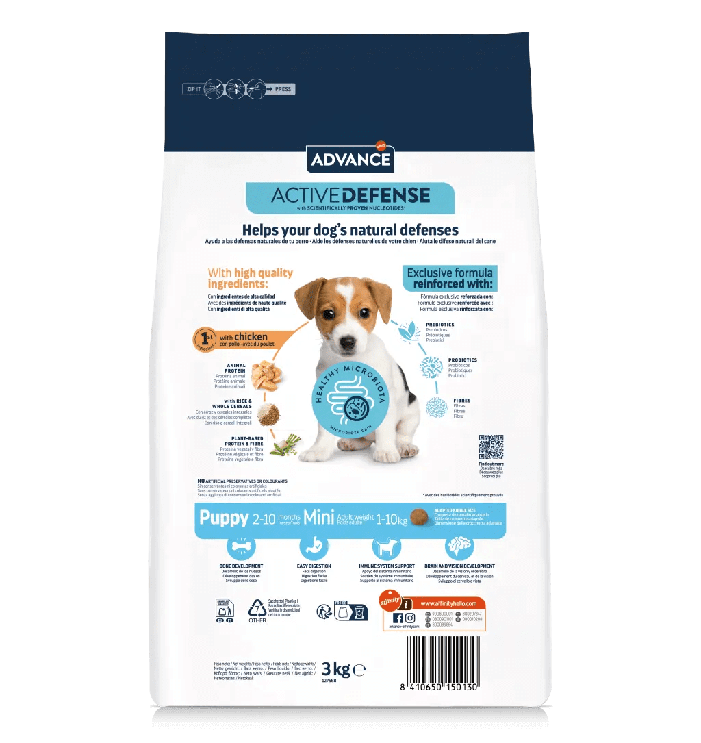 Saco de pienso ADVANCE Puppy Mini para cachorros de razas pequeñas.