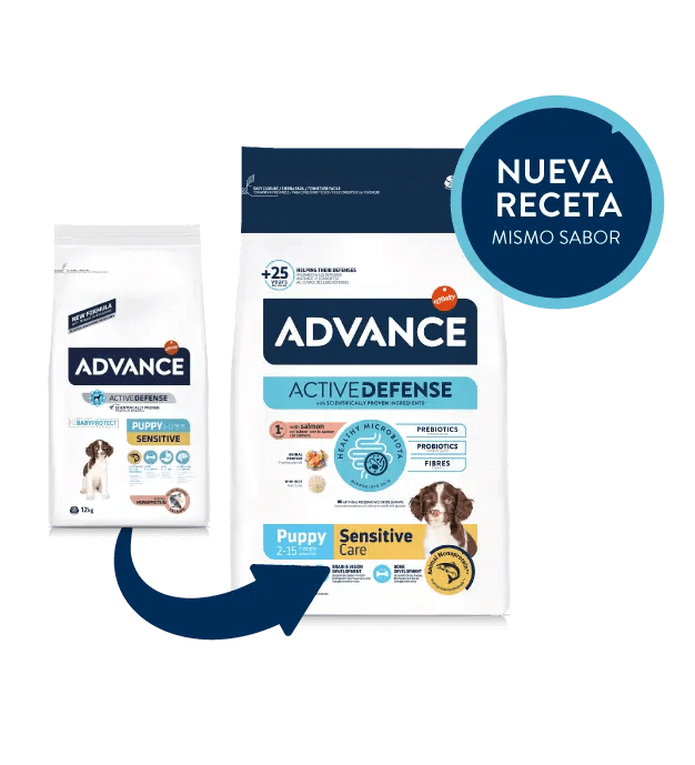 Saco de pienso ADVANCE Puppy Sensitive con salmón y arroz para cachorros.