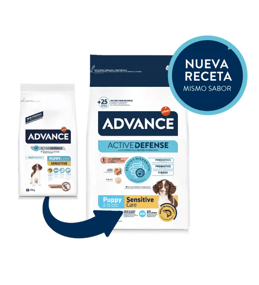 Saco de pienso ADVANCE Puppy Sensitive con salmón y arroz para cachorros.