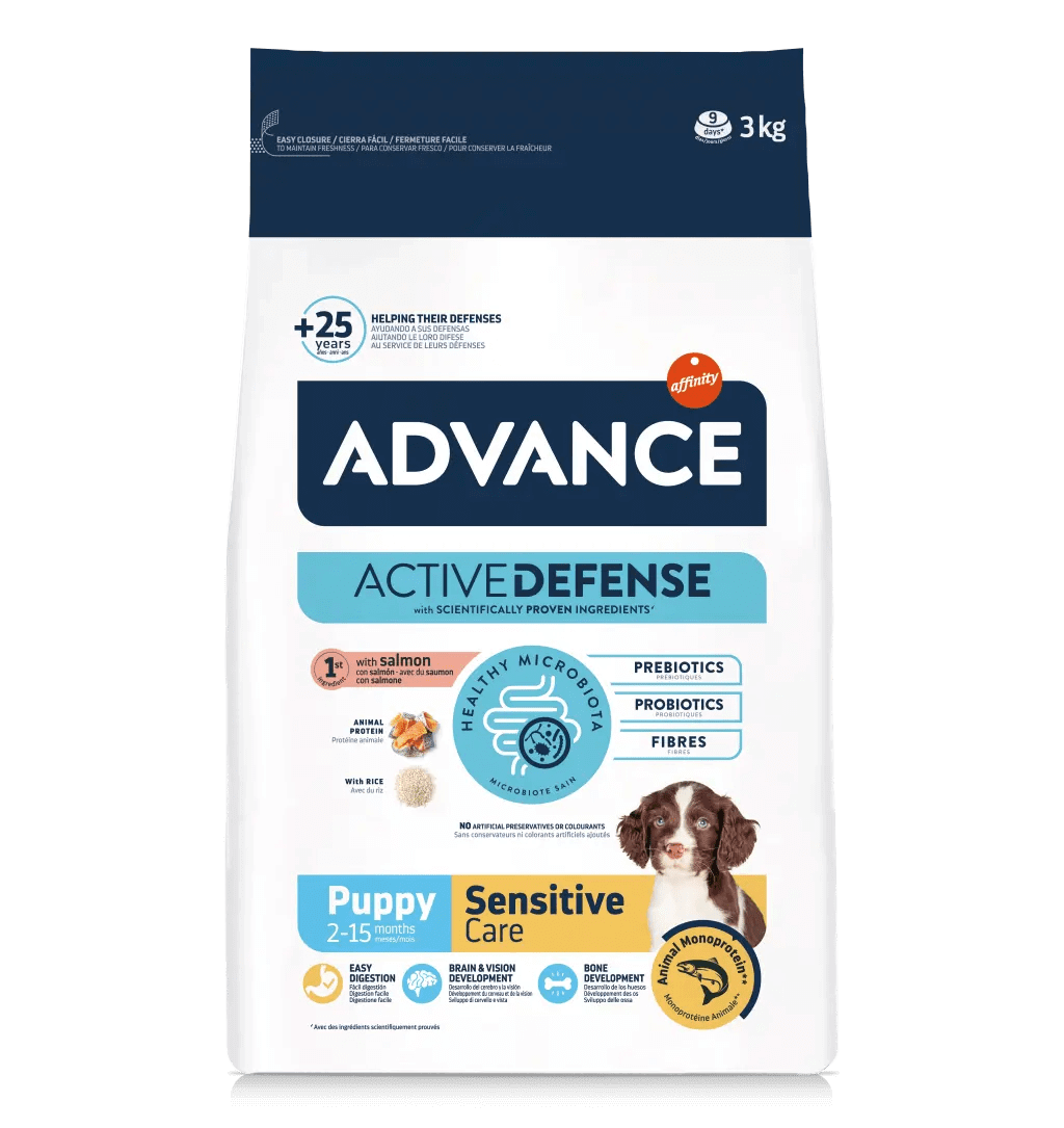Saco de pienso ADVANCE Puppy Sensitive con salmón y arroz para cachorros.