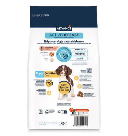 Saco de pienso ADVANCE Puppy Sensitive con salmón y arroz para cachorros.