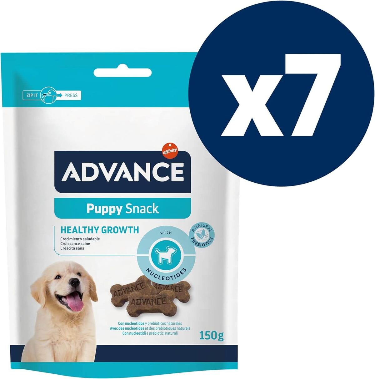 Envase de 150 g de ADVANCE Puppy Snack, premios para cachorros.