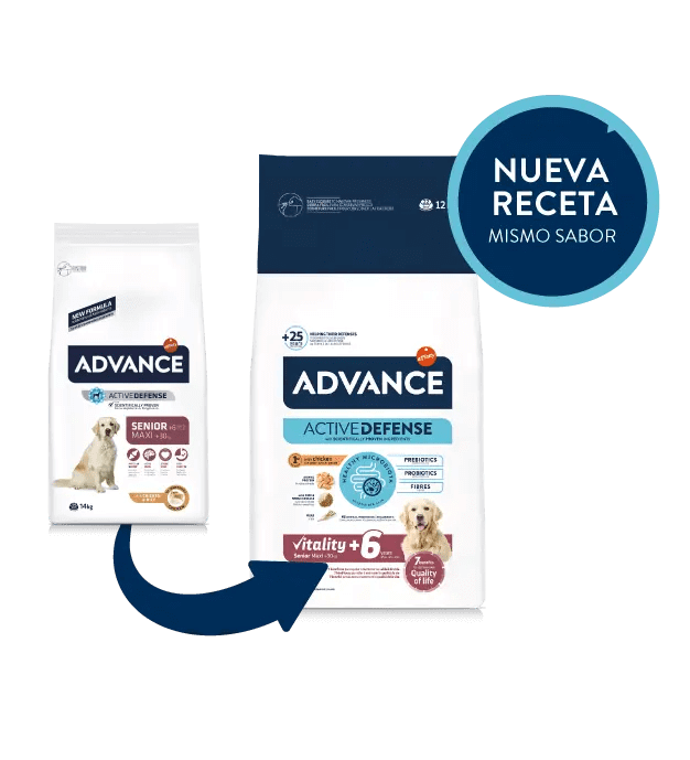 Saco de pienso ADVANCE Senior Maxi con pollo y arroz para perros mayores de razas grandes.