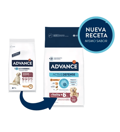 Saco de pienso ADVANCE Senior Maxi con pollo y arroz para perros mayores de razas grandes.