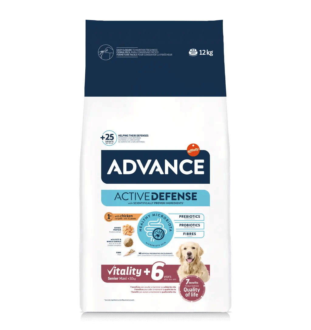 Saco de pienso ADVANCE Senior Maxi con pollo y arroz para perros mayores de razas grandes.