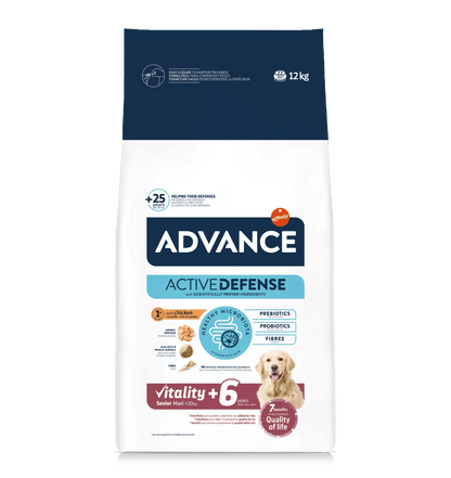 Saco de pienso ADVANCE Senior Maxi con pollo y arroz para perros mayores de razas grandes.