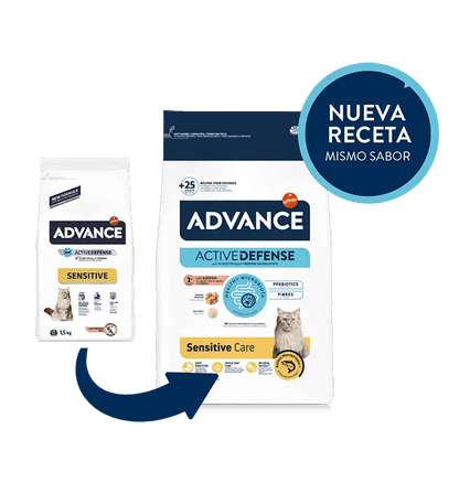 Saco de pienso ADVANCE Sensitive Cat con salmón y arroz para gatos adultos.