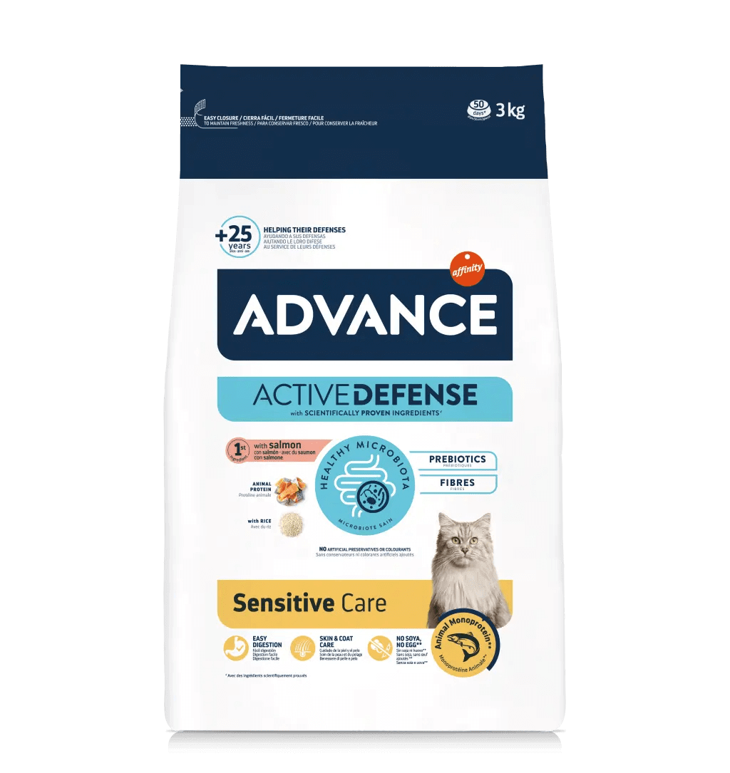 Saco de pienso ADVANCE Sensitive Cat con salmón y arroz para gatos adultos.