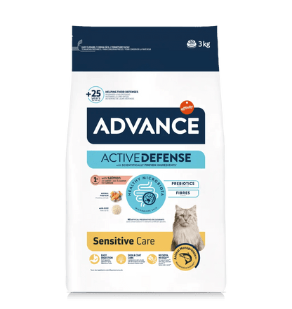 Saco de pienso ADVANCE Sensitive Cat con salmón y arroz para gatos adultos.