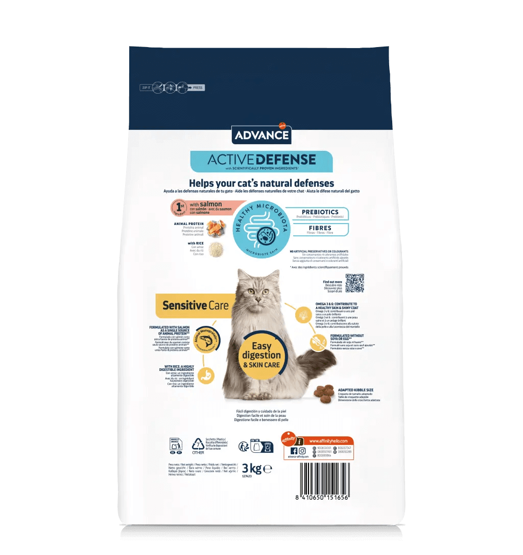 Saco de pienso ADVANCE Sensitive Cat con salmón y arroz para gatos adultos.