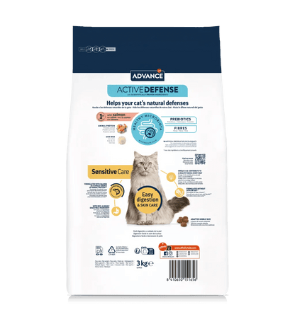 Saco de pienso ADVANCE Sensitive Cat con salmón y arroz para gatos adultos.