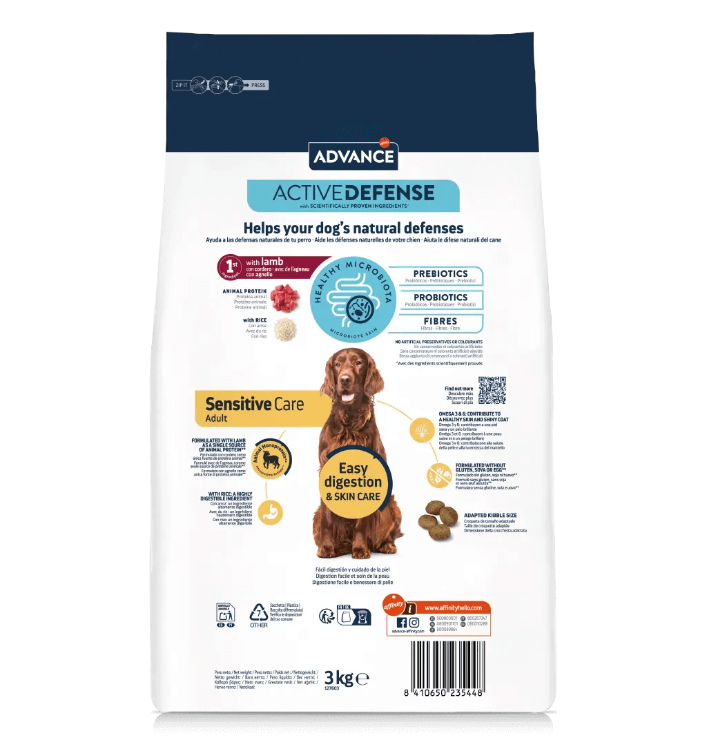 Saco de pienso ADVANCE Sensitive Lamb & Rice con cordero y arroz para perros.