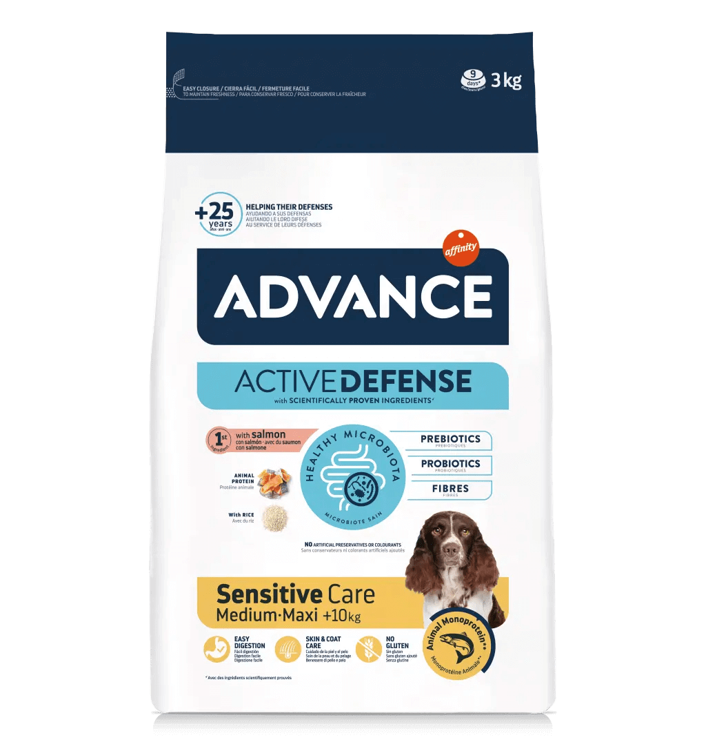 Saco de pienso ADVANCE Sensitive Medium/Maxi con salmón y arroz para perros medianos y grandes.
