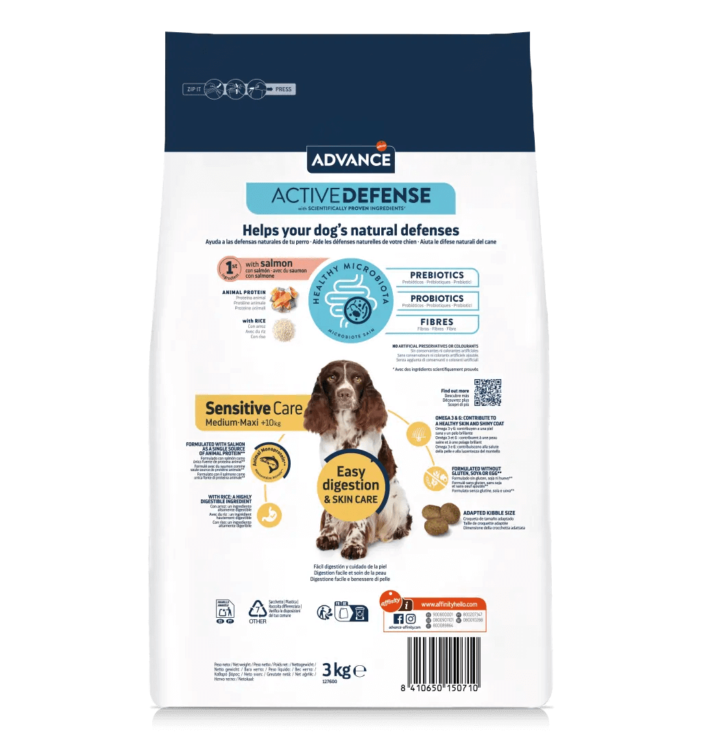 Saco de pienso ADVANCE Sensitive Medium/Maxi con salmón y arroz para perros medianos y grandes.
