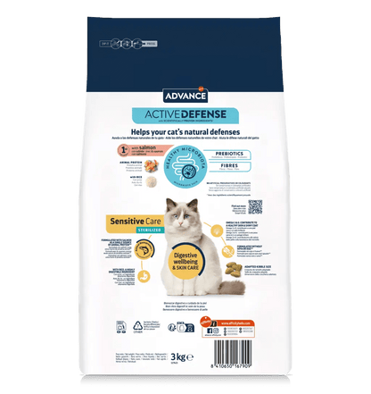 Saco de pienso ADVANCE Sensitive Sterilized Cat con salmón para gatos adultos esterilizados.