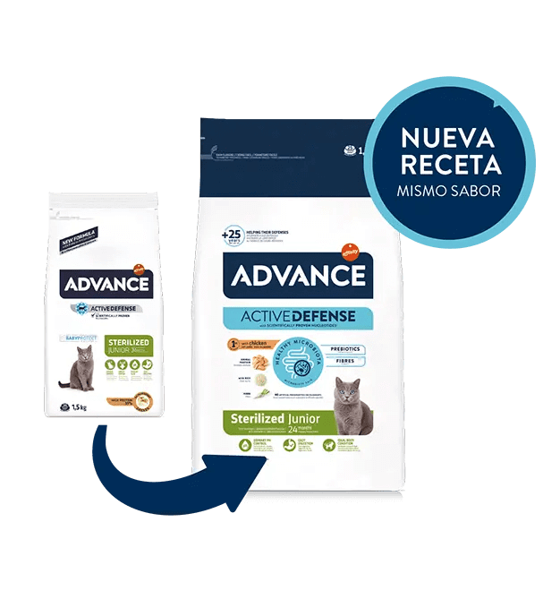 Saco de pienso ADVANCE Sterilized Junior con pollo y arroz para gatos jóvenes esterilizados.