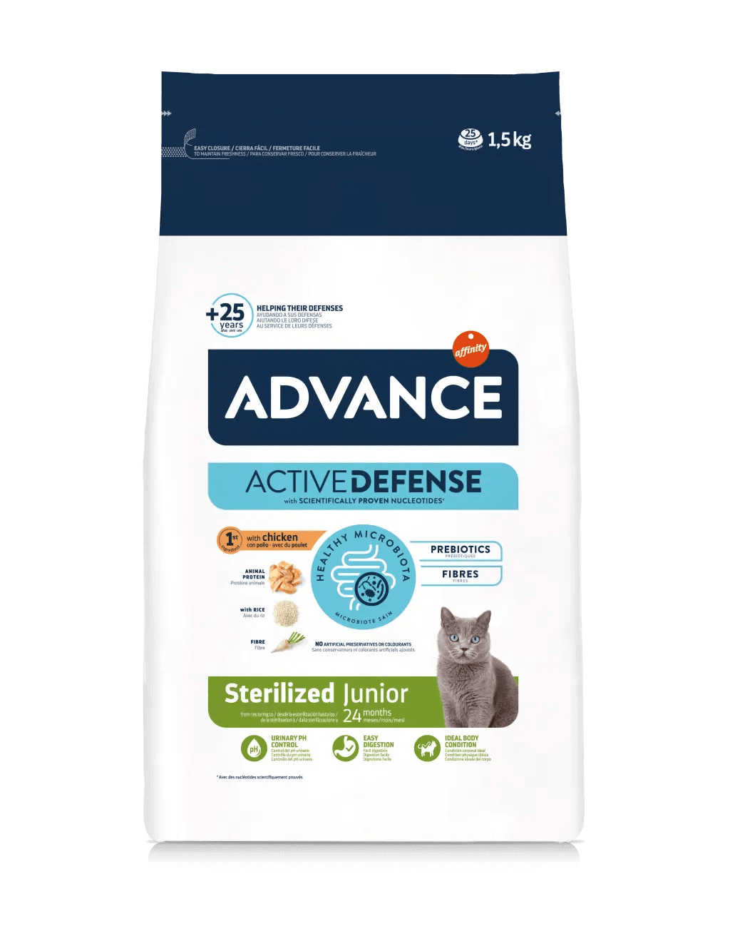 Saco de pienso ADVANCE Sterilized Junior con pollo y arroz para gatos jóvenes esterilizados.