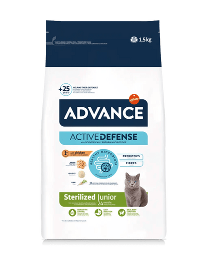 Saco de pienso ADVANCE Sterilized Junior con pollo y arroz para gatos jóvenes esterilizados.