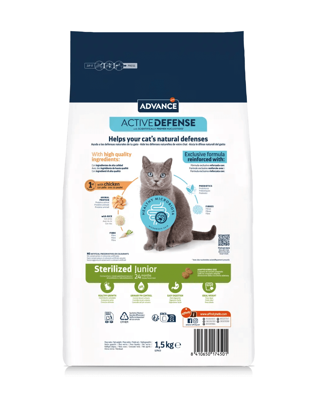 Saco de pienso ADVANCE Sterilized Junior con pollo y arroz para gatos jóvenes esterilizados.