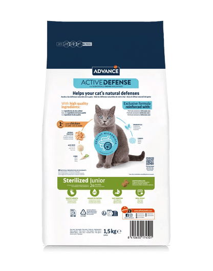 Saco de pienso ADVANCE Sterilized Junior con pollo y arroz para gatos jóvenes esterilizados.