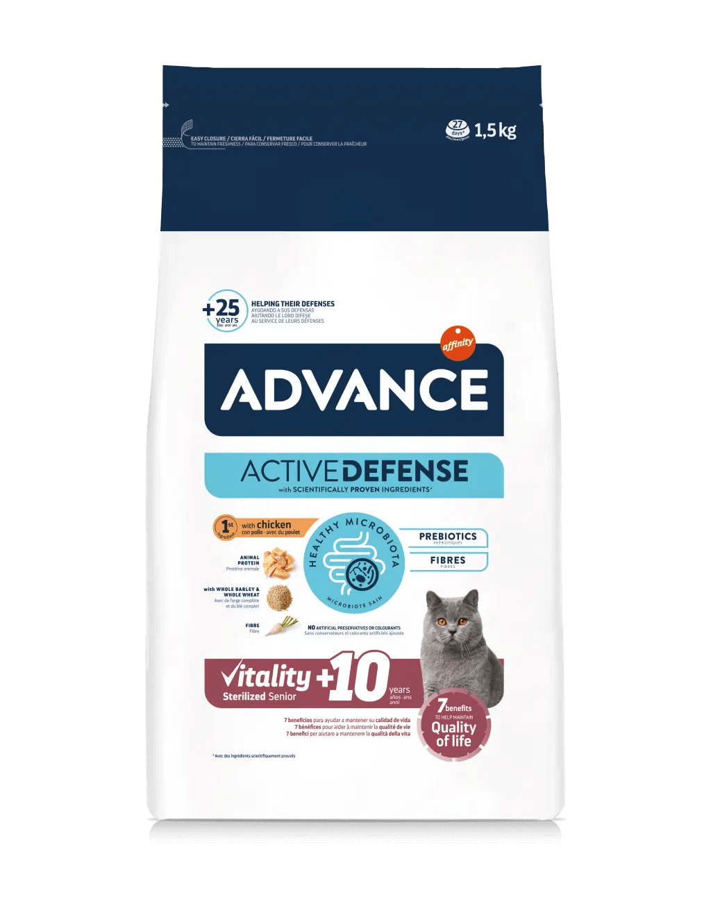 Saco de 1,5 kg de pienso ADVANCE Sterilized Senior +10 para gatos esterilizados mayores de 10 años.