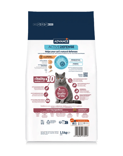 Saco de 1,5 kg de pienso ADVANCE Sterilized Senior +10 para gatos esterilizados mayores de 10 años.
