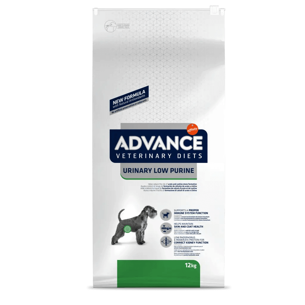Saco de pienso veterinario ADVANCE Urinary Low Purine bajo en purinas para perros adultos.