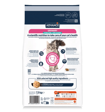 Saco de pienso veterinario ADVANCE Urinary Sterilized Low Calorie para gatos adultos esterilizados.