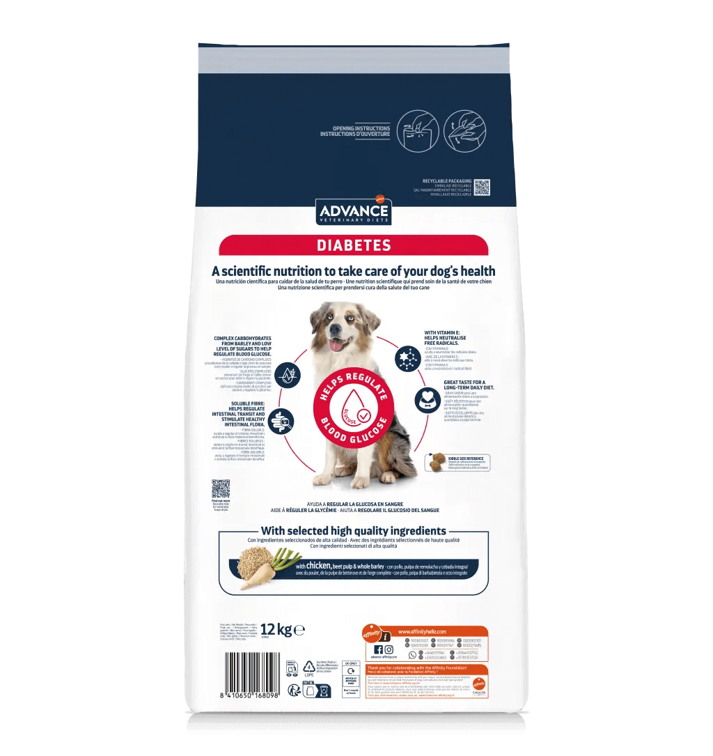 Saco de pienso veterinario ADVANCE Vet Diabetes Colitis para perros adultos.