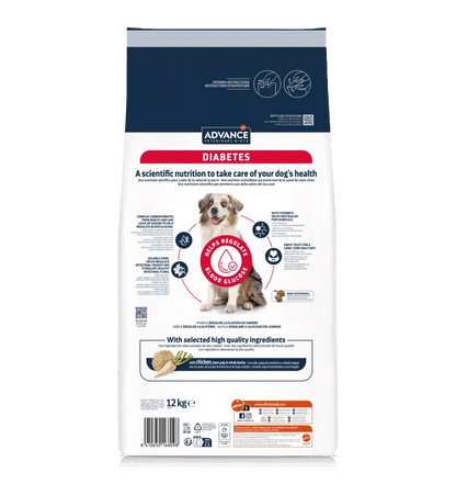 Saco de pienso veterinario ADVANCE Vet Diabetes Colitis para perros adultos.