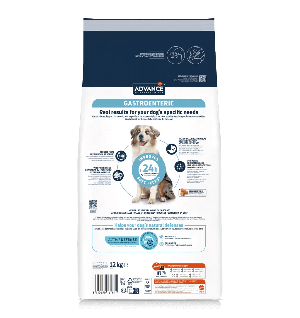 Saco de pienso veterinario ADVANCE Vet Gastroenteric para cachorros y perros adultos.