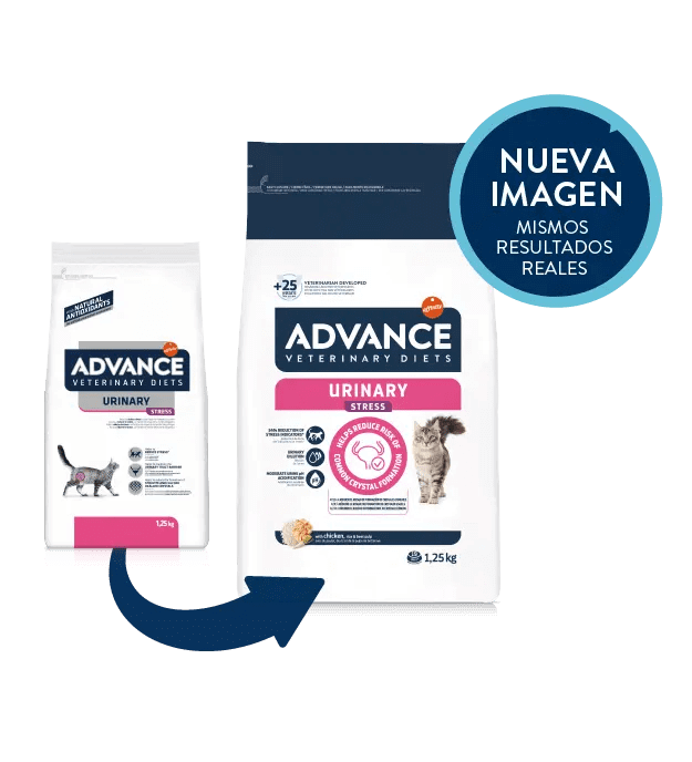 Saco de 1,25 kg de pienso veterinario ADVANCE Vet Urinary Stress para gatos adultos.