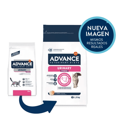 Saco de 1,25 kg de pienso veterinario ADVANCE Vet Urinary Stress para gatos adultos.