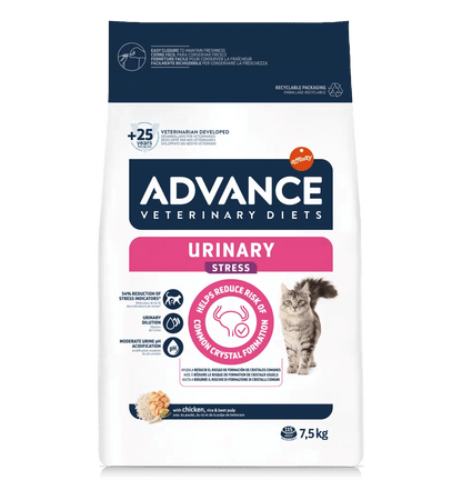Saco de 1,25 kg de pienso veterinario ADVANCE Vet Urinary Stress para gatos adultos.