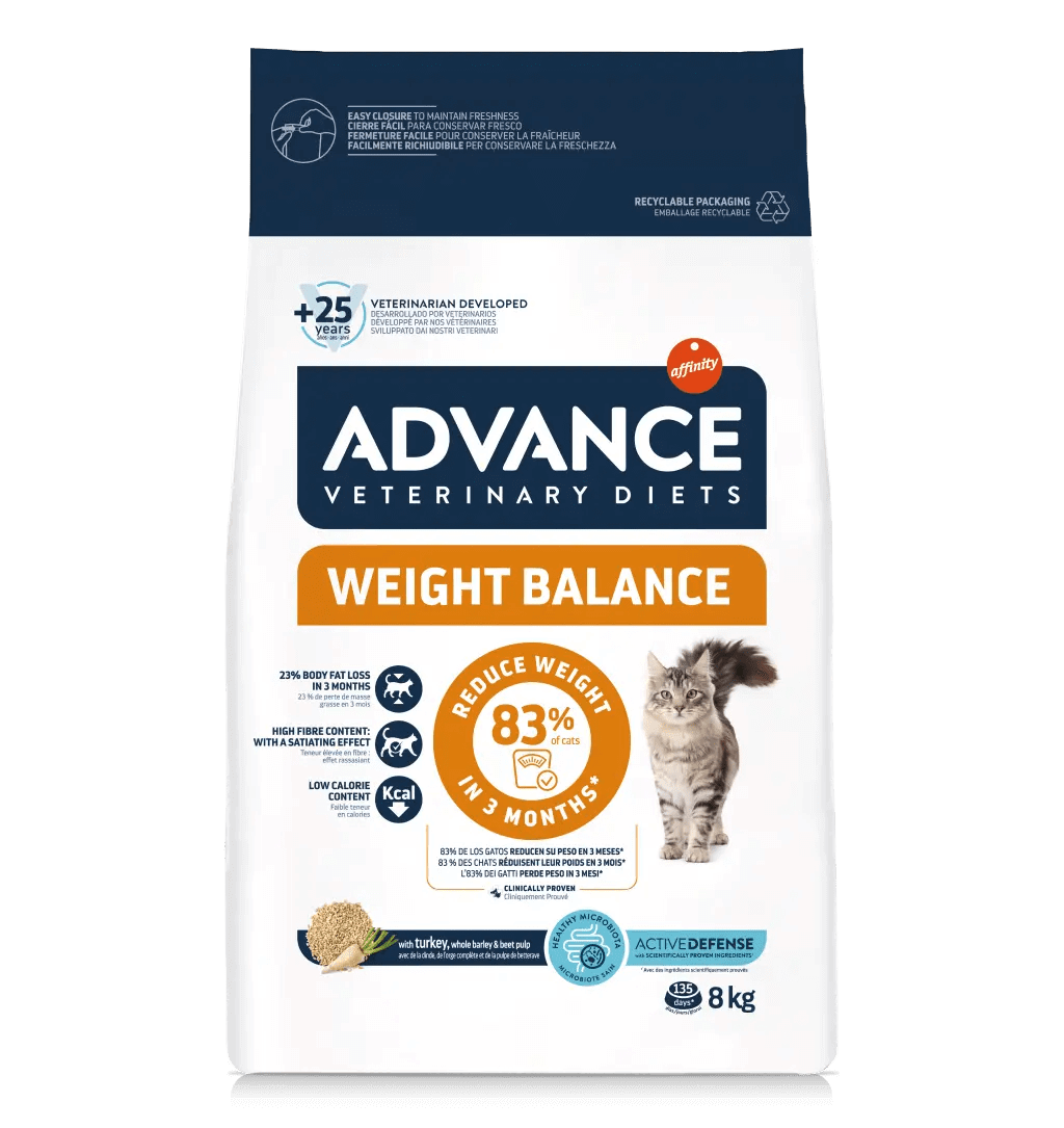 Saco de pienso veterinario ADVANCE Vet Weight Balance para gatos adultos con sobrepeso.