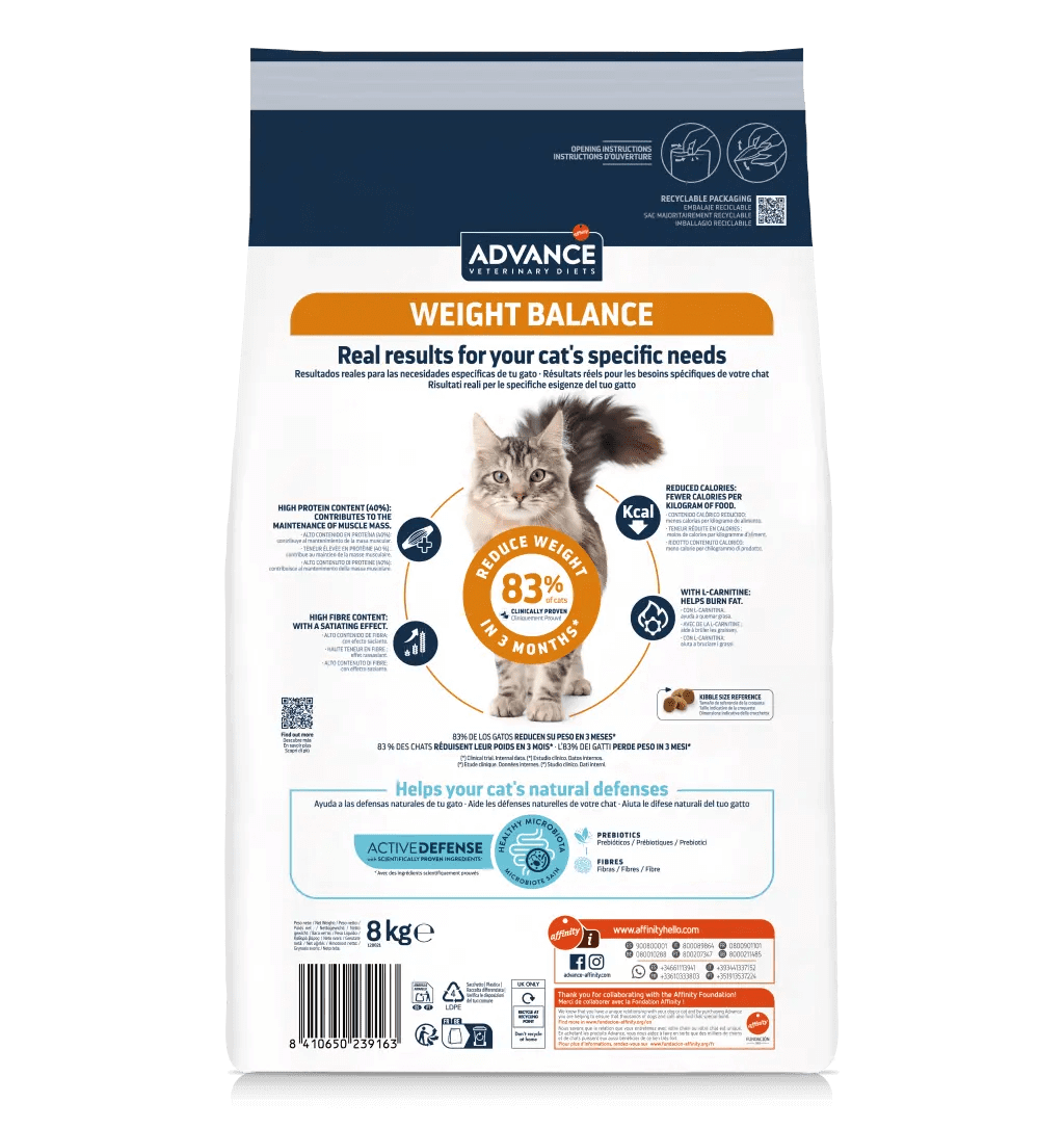 Saco de pienso veterinario ADVANCE Vet Weight Balance para gatos adultos con sobrepeso.