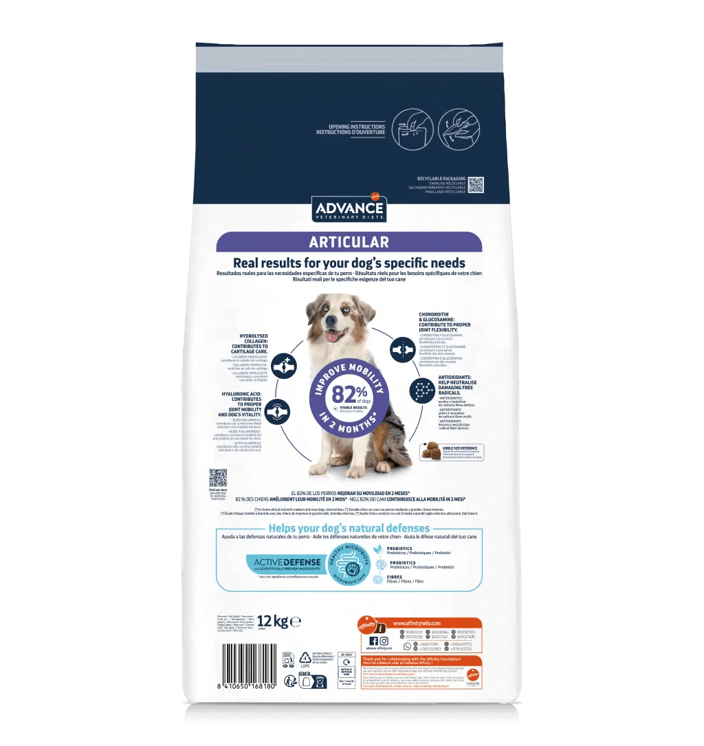 Saco de pienso ADVANCE Veterinary Diets Articular de 12 kg para perros adultos.