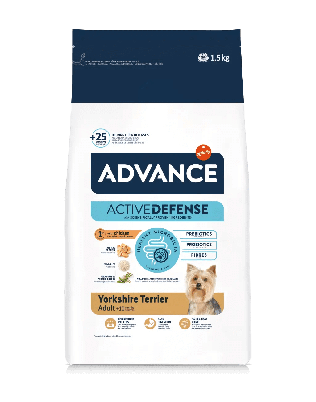 Saco de 1,5 kg de pienso ADVANCE Yorkshire Terrier para perros adultos de esta raza.