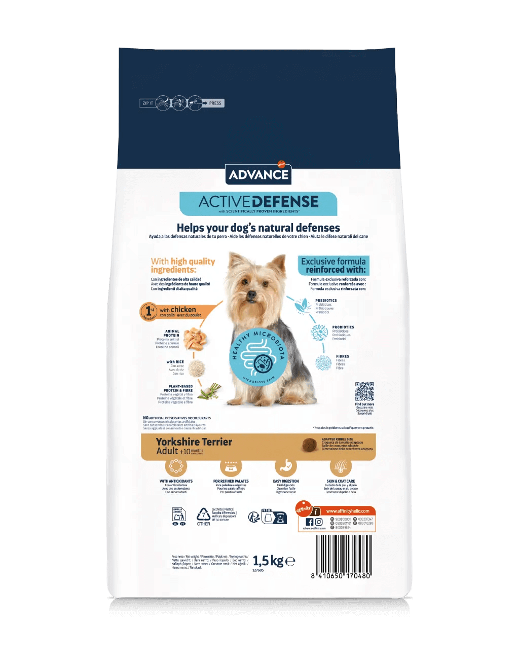 Saco de 1,5 kg de pienso ADVANCE Yorkshire Terrier para perros adultos de esta raza.