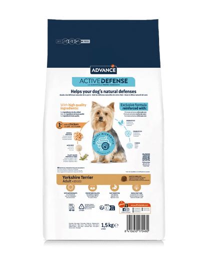 Saco de 1,5 kg de pienso ADVANCE Yorkshire Terrier para perros adultos de esta raza.